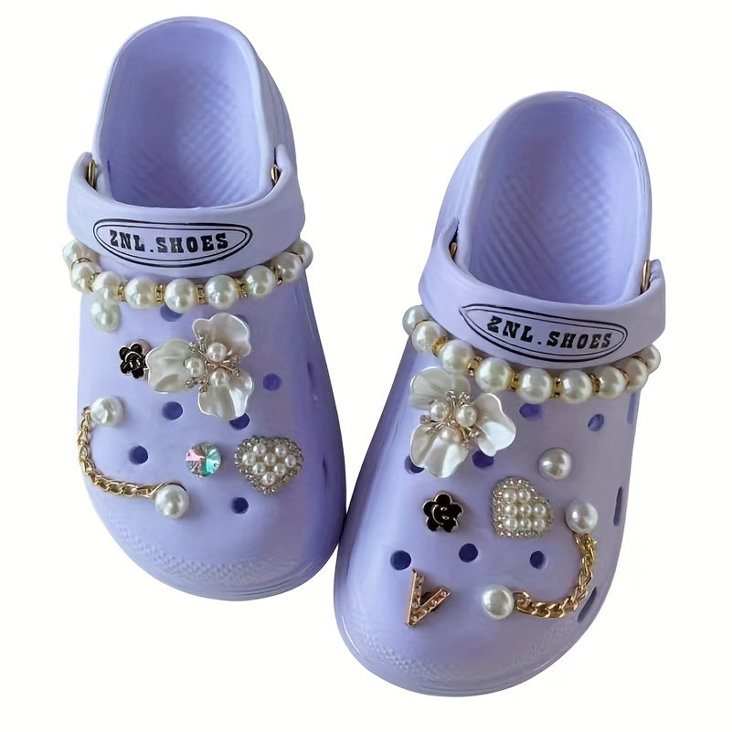 13Pcs Faux Pearl Chain & Flower Shoe Charms for Clogs Garden Shoes DIY