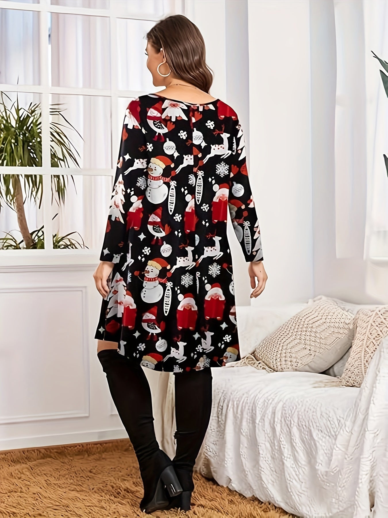 Christmas Dress Women's Plus Santa Claus & Snowman Print Long Sleeve