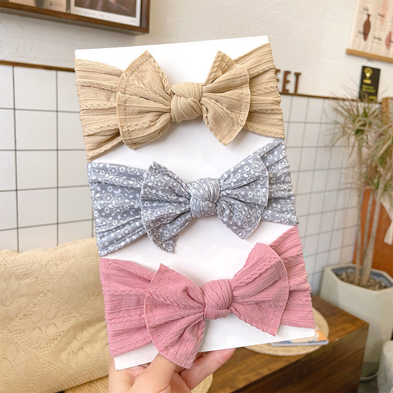 3pcs Jacquard Wide Edge Bow Elastic Headband Soft Printed Nylon Headscarf