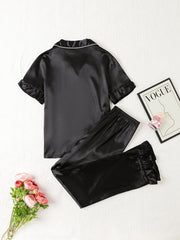 Satin Pajama Set Short Sleeve Top & Elastic Waist Pants Women's Sleepwear