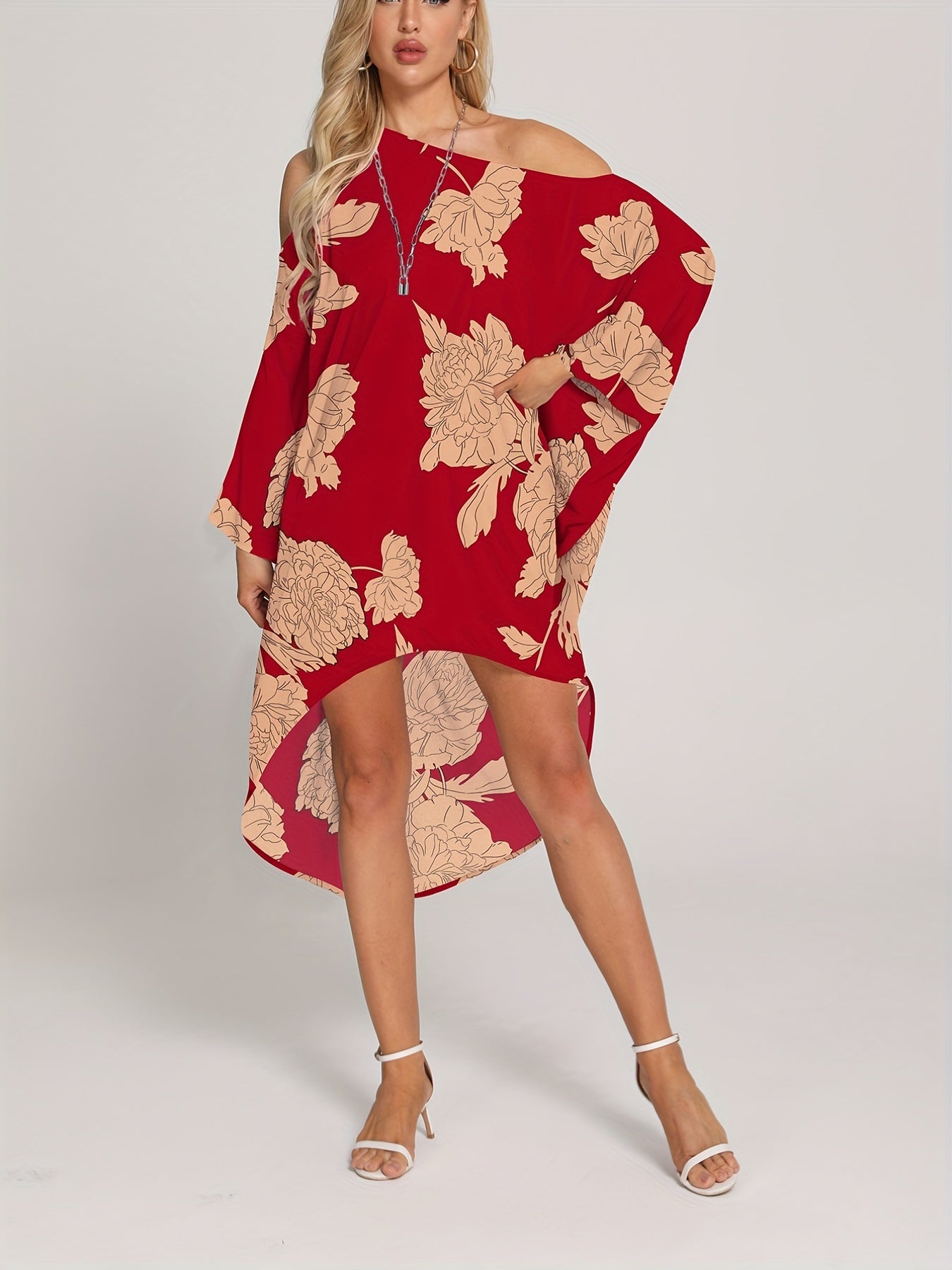 Floral Print Cover Up Dress One Shoulder Asymmetrical Rash Guard Kaftan