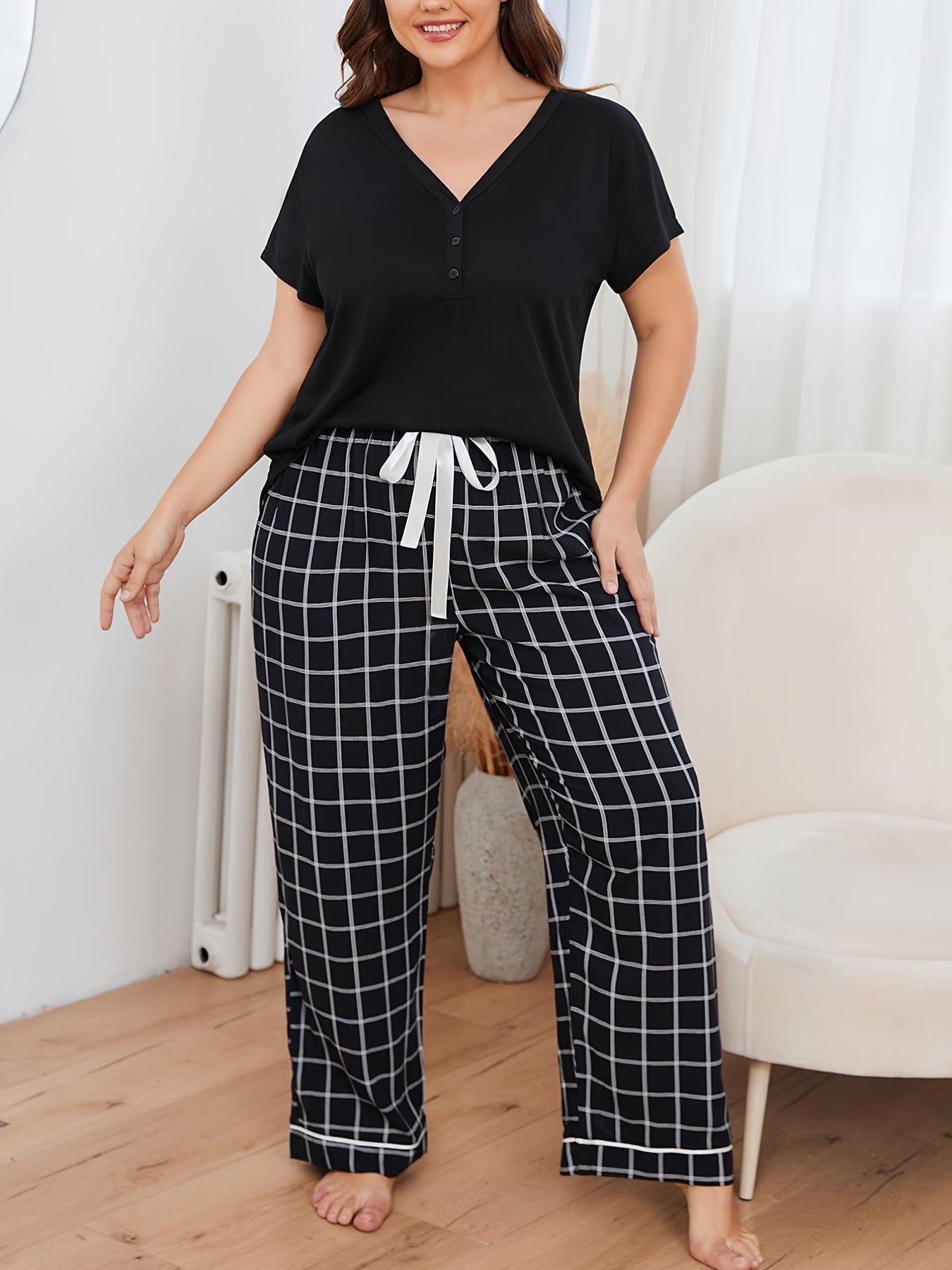 Short Sleeve T shirt & Grid Print Pants Pajama Set