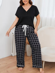 Short Sleeve T shirt & Grid Print Pants Pajama Set