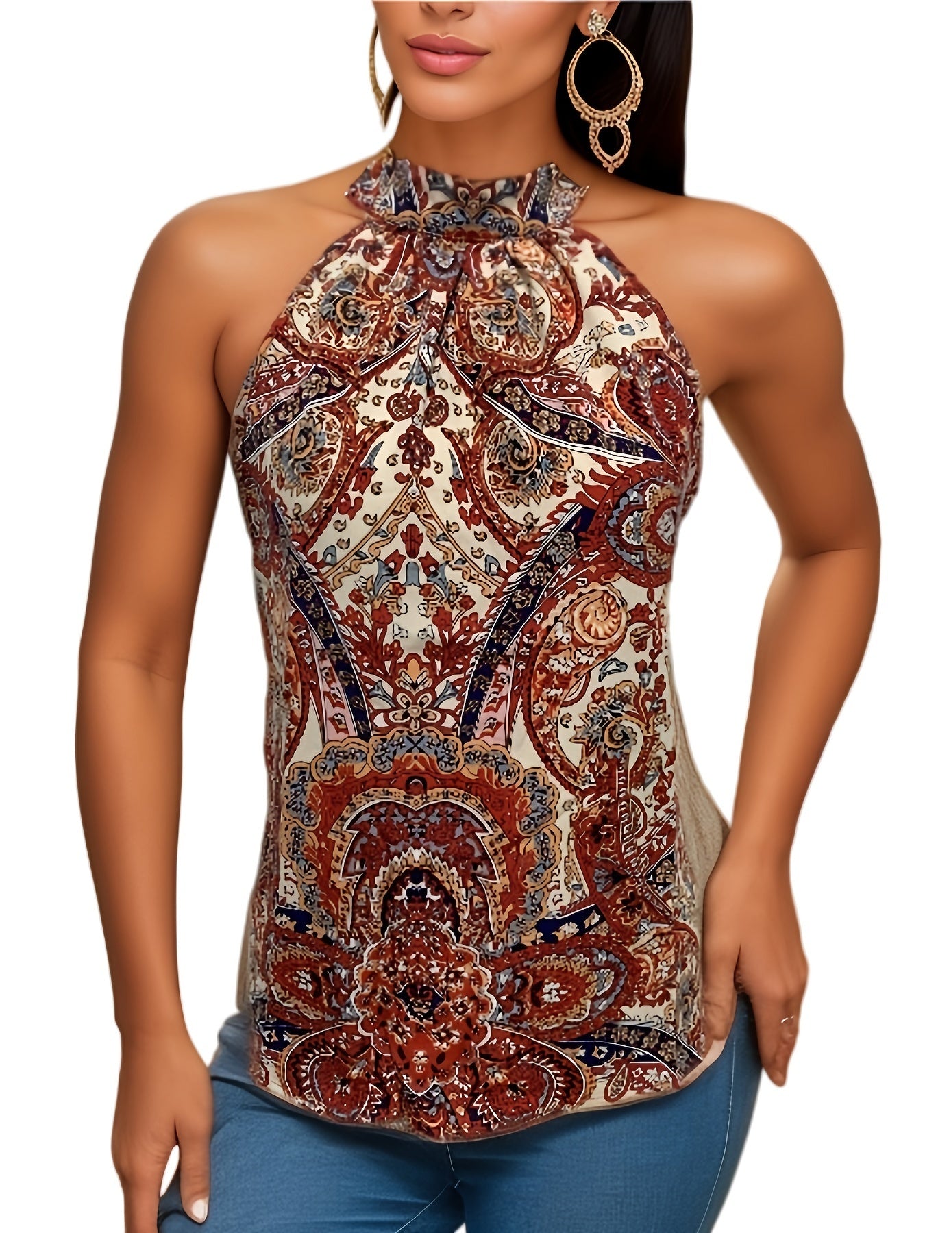 Tie Dye High Neck Top Sleeveless Summer Casual Keyhole