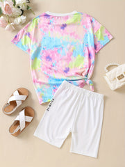 2 Pcs Girls Tie Dye Shorts Set Short Sleeve T shirt & Leggings