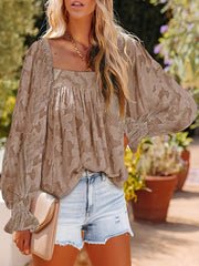 Casual Blouse Women's Plus Solid Floral Textured Lantern Sleeve