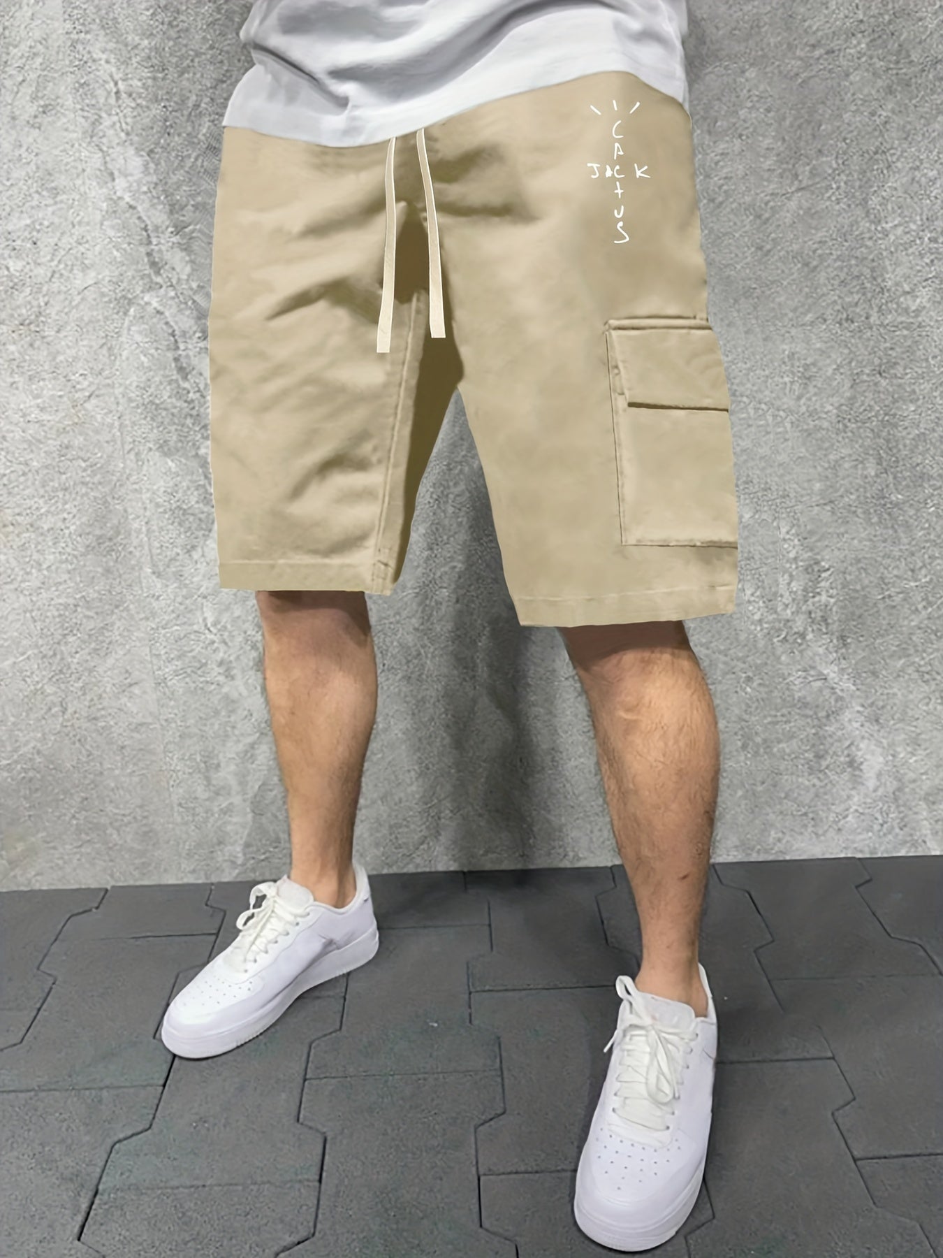 Men's Comfy Cactus Cargo Shorts Elastic Waist Drawstring for Summer