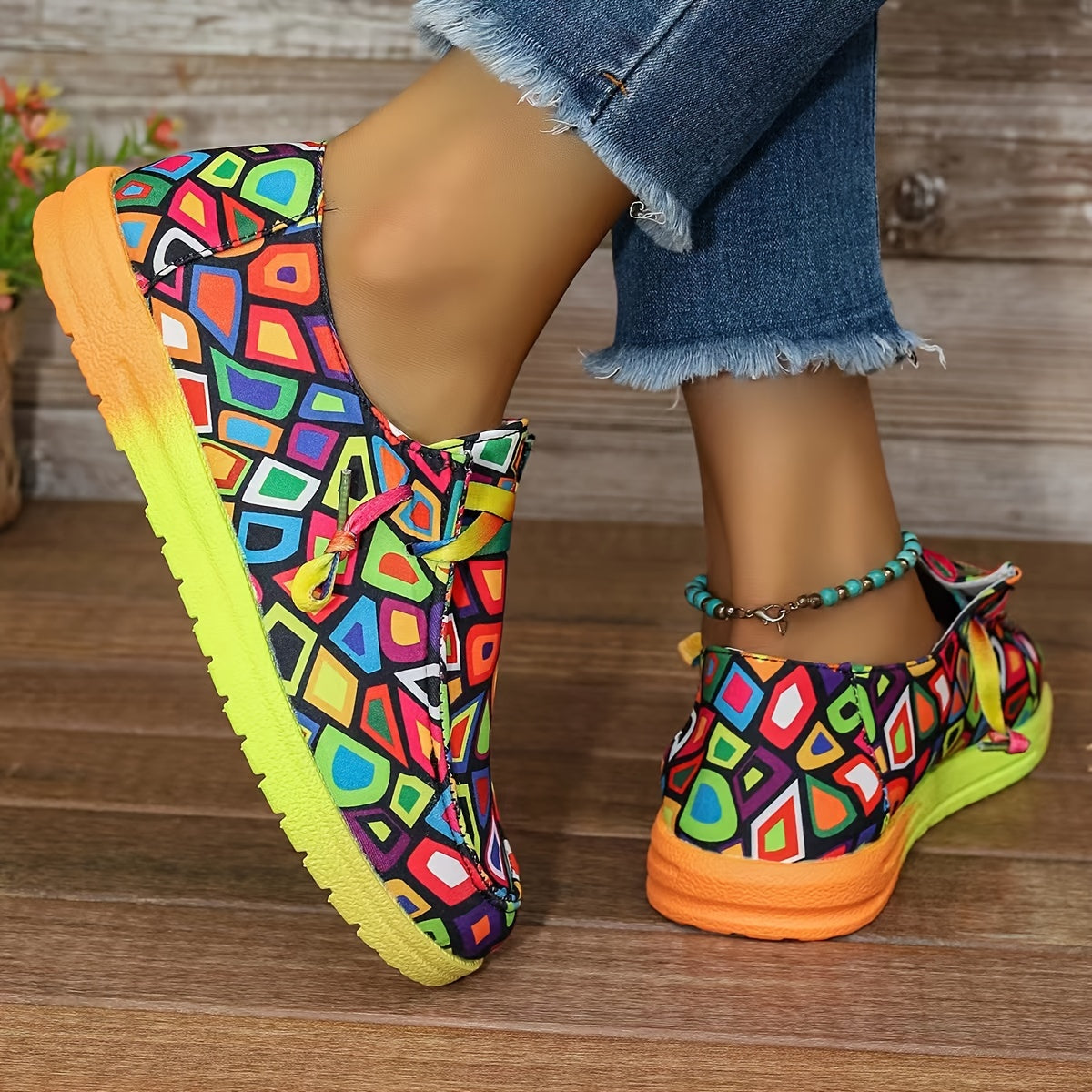 Women's Geometric Pattern Sports Shoes Lace up Low Flat Walking Shoes