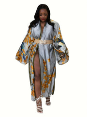 Retro Kimono Women's Plus Floral Print Batwing Sleeve Open Front Kimon