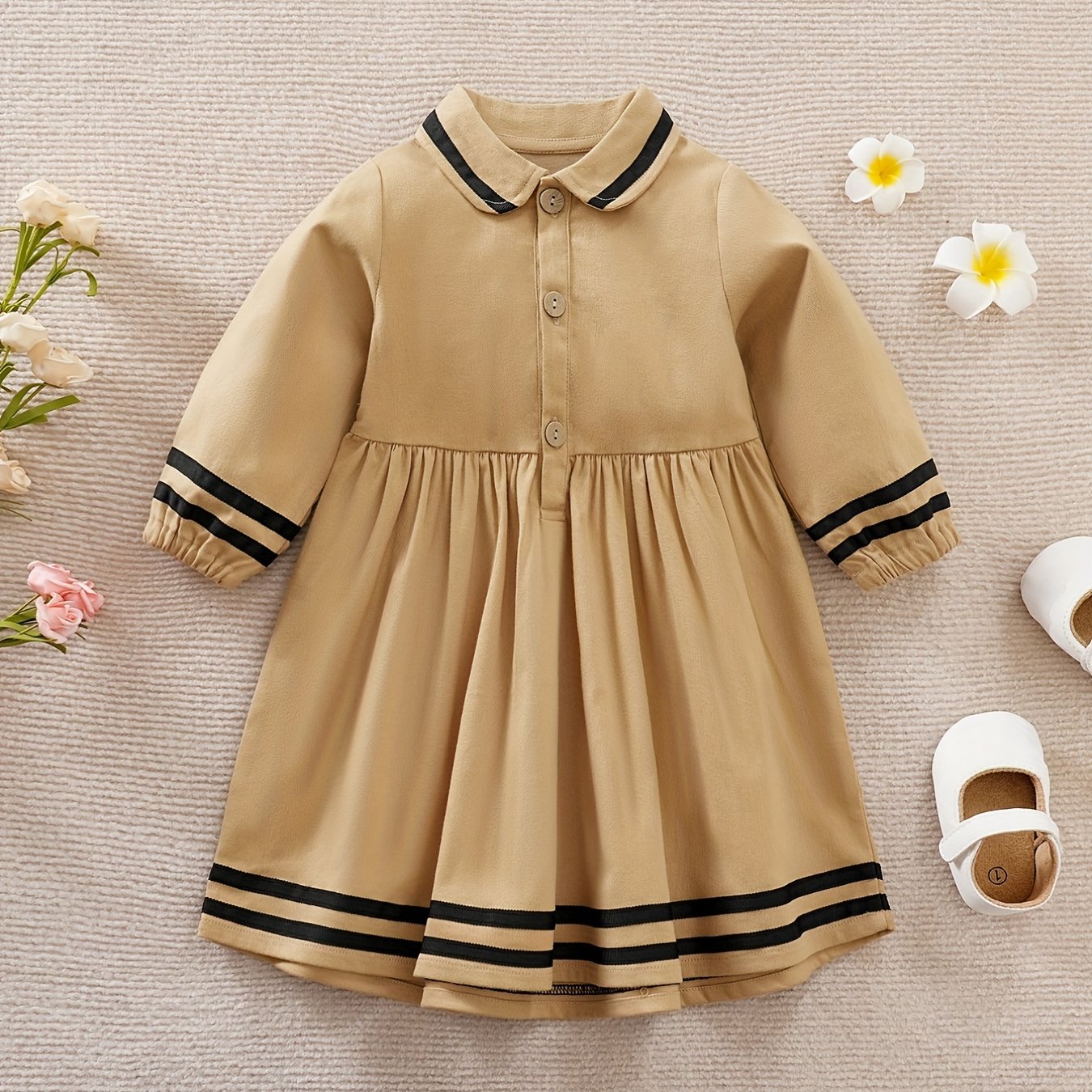 Striped Lapel Long Sleeve Baby Girls Dress