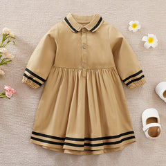 Striped Lapel Long Sleeve Baby Girls Dress