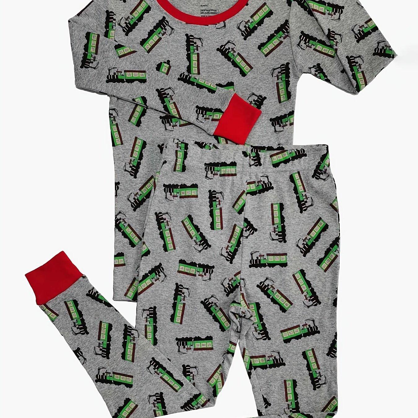Boys Train Print Lounge Set, Long Sleeve Top & Elastic Waist Trousers