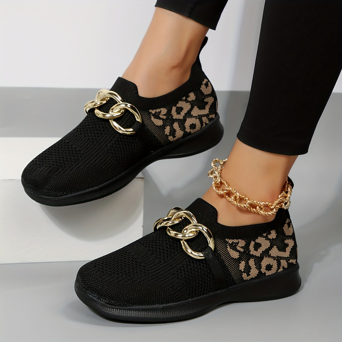 Women's Mesh Slip On Sneakers with Metallic Chain Decor Lightweight Shoes