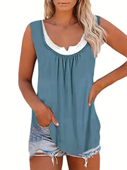 Colorblock Ruched Notched Neck Tank Top