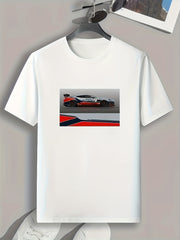 Race Car Print Men's Comfy T shirt Active Stretch Breathable Tee