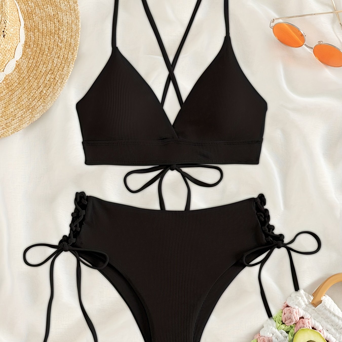 Rib Knit Bikini Set with Criss Cross Straps and Tie Side