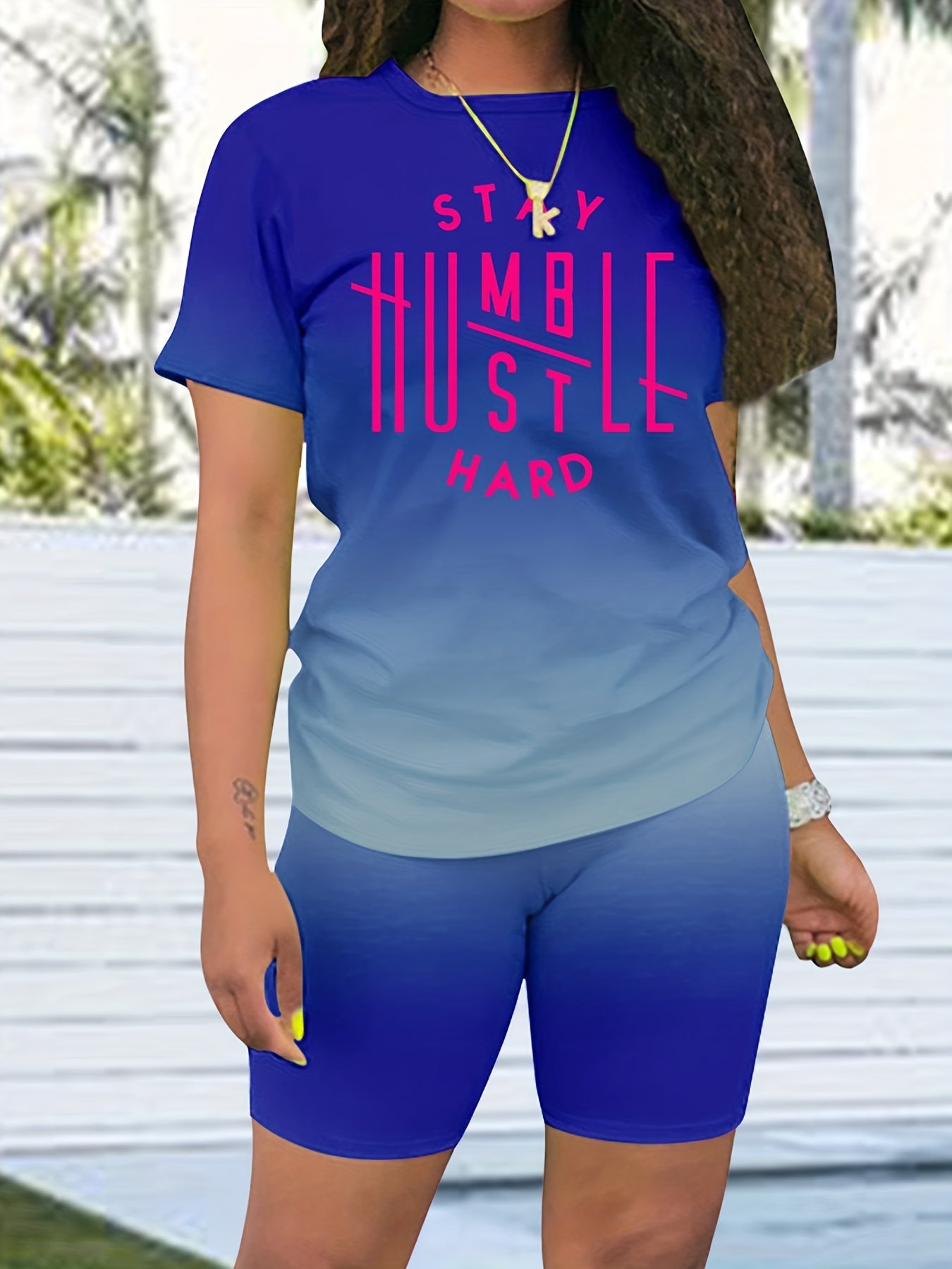 Ombre Two Piece Set Short Sleeve T Shirt & Skinny Shorts Outfit