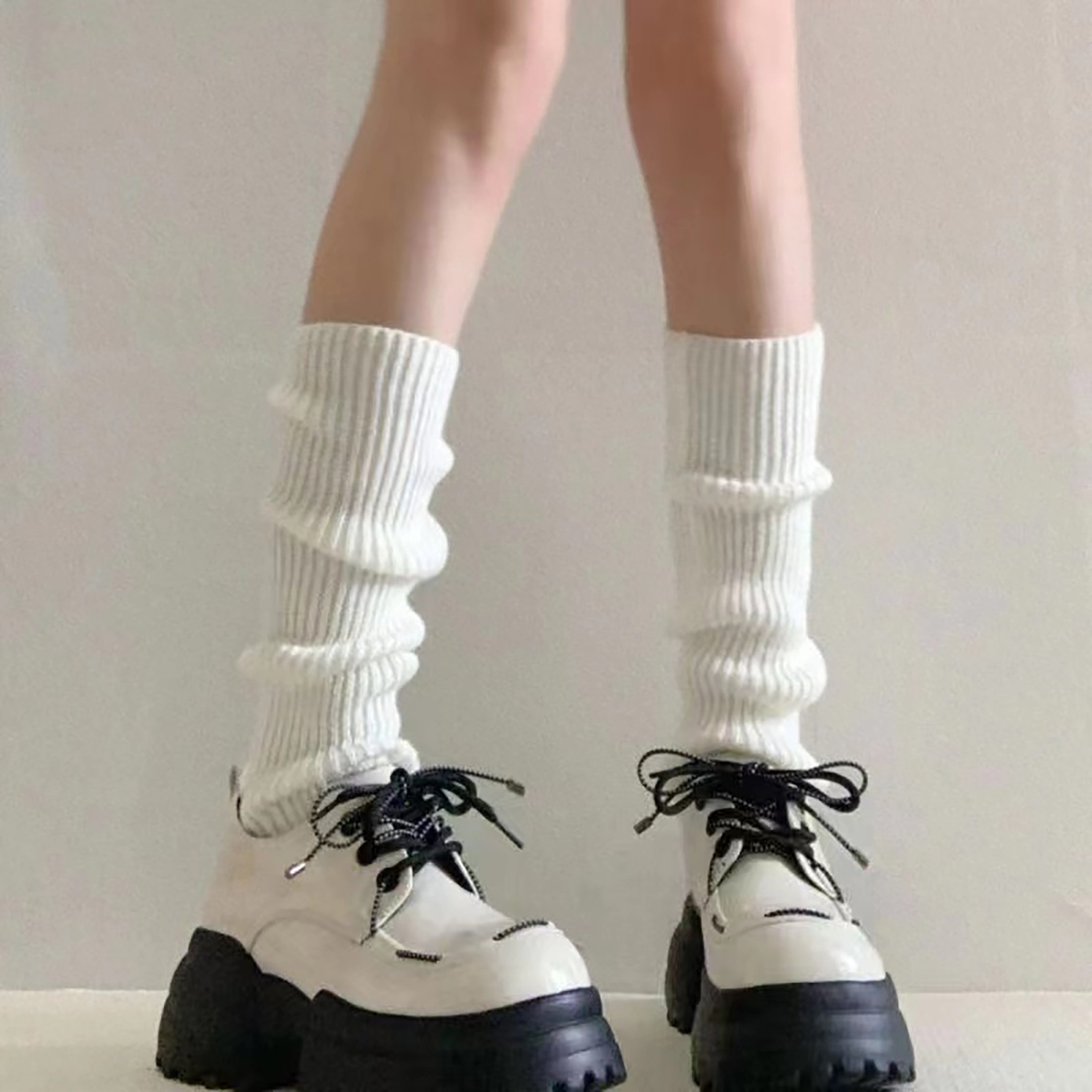 Solid Rib Knit Leg Warmers All-match Knee High Socks Women's Stockings