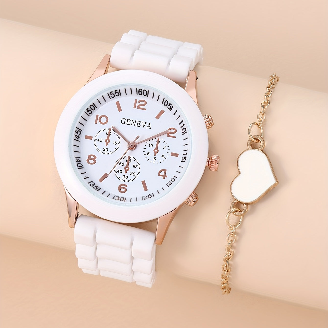 Student Silicone Quartz Watch & Heart Bracelet Set