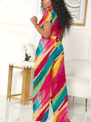 Colorful Stripe Print Crop Top & Wide Leg Pants 2 Piece Set