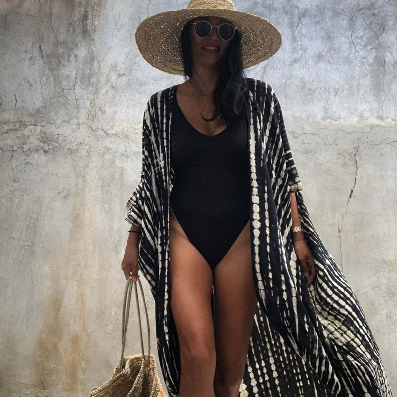 Beach Cover Up Shirt Loose Fit V Neck Long Sleeve Rash Guard Kimono