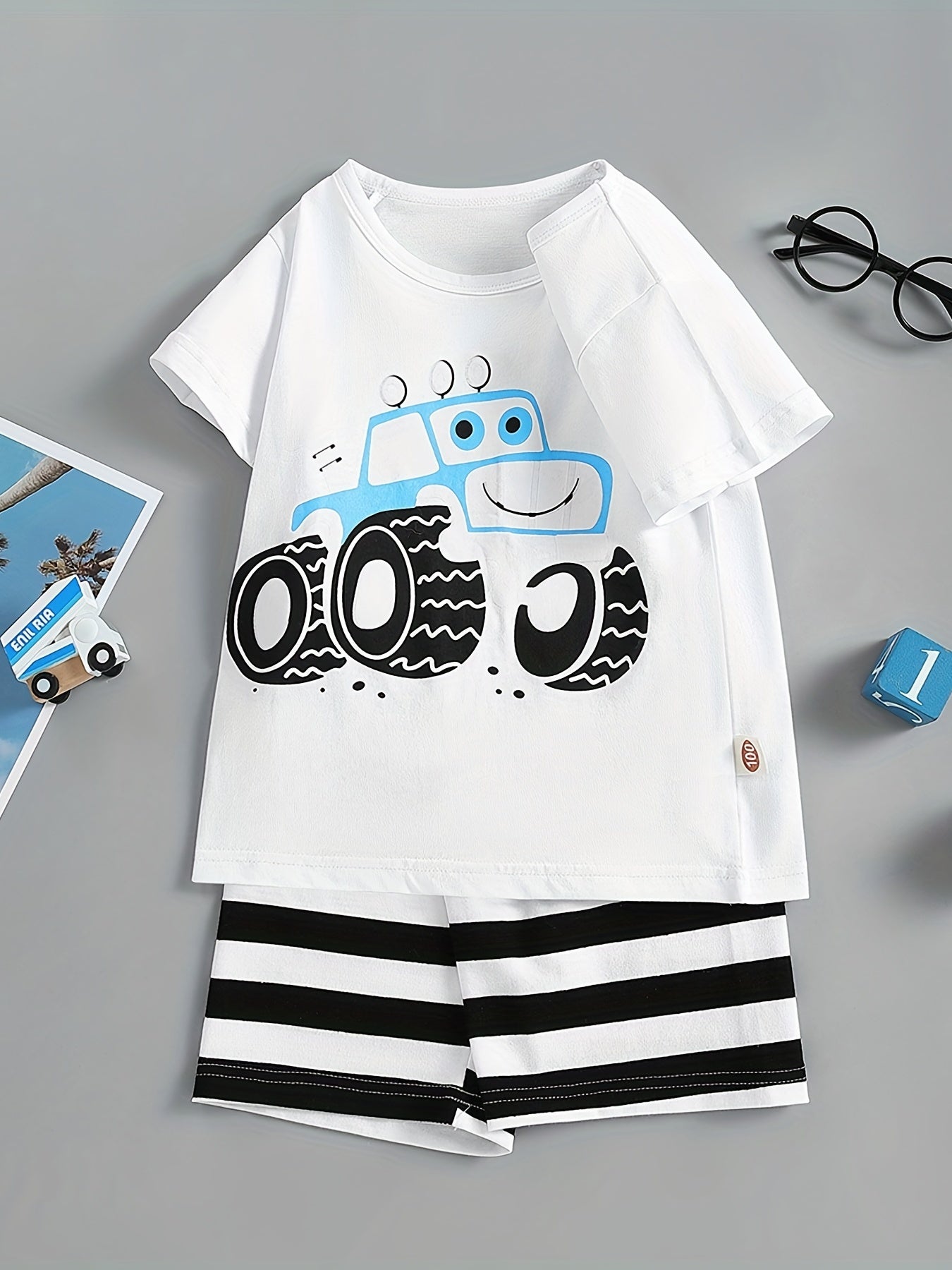 Boys Off-road Vehicle T-shirt & Striped Shorts Set