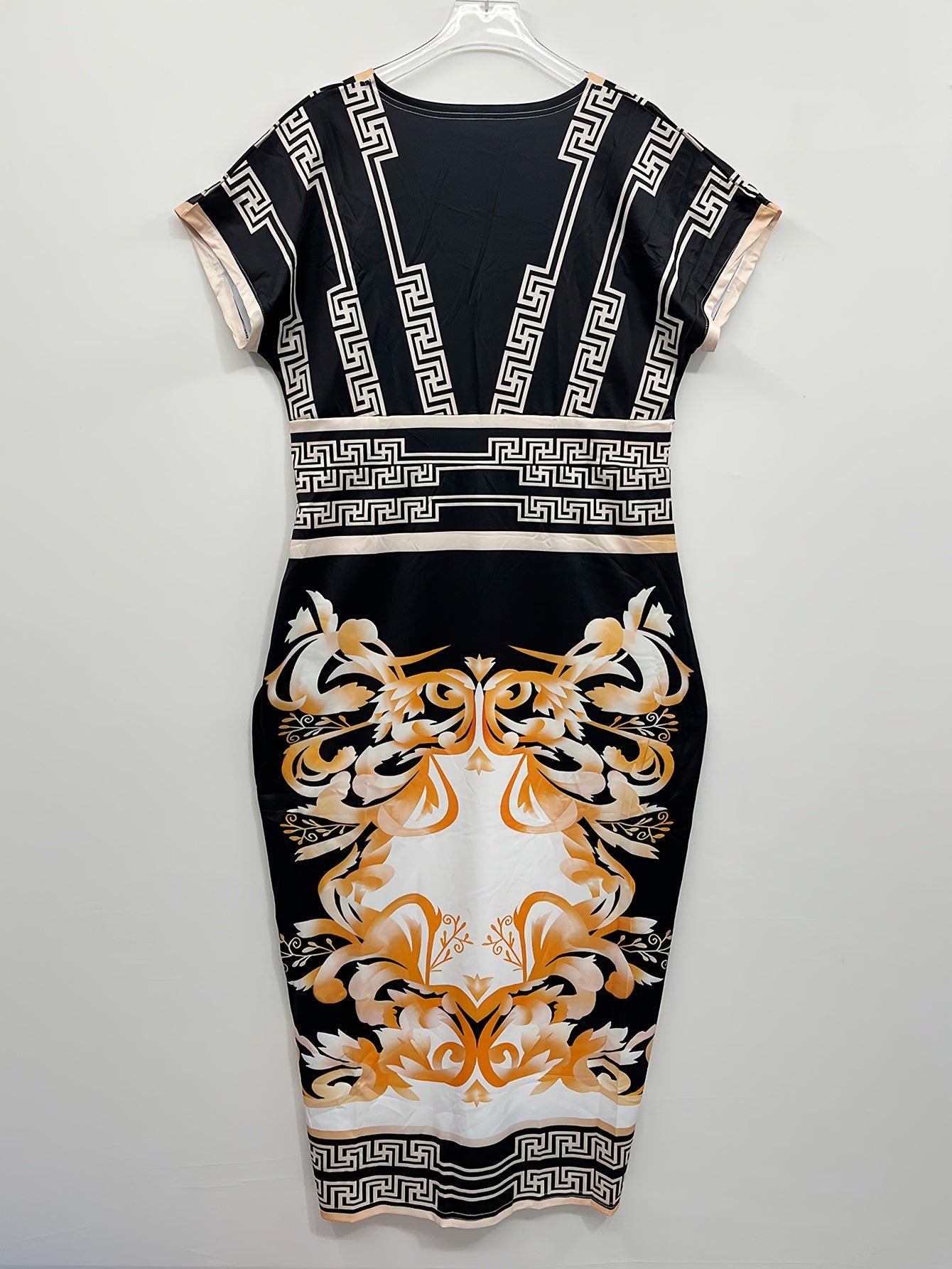 Geo & Baroque Print Batwing Sleeve V Neck Maxi Dress