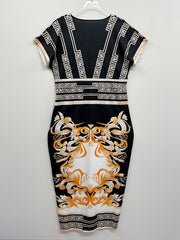 Geo & Baroque Print Batwing Sleeve V Neck Maxi Dress