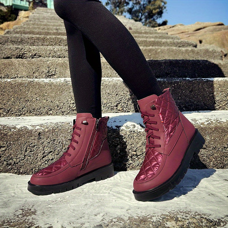 Women's Quilted Snow Boots Round Toe Lace Up Ankle Boots