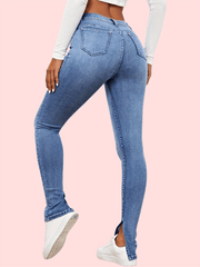 High Waist Skinny Jeans Split High Rise Slim Fit Slash Pockets Denim Pants