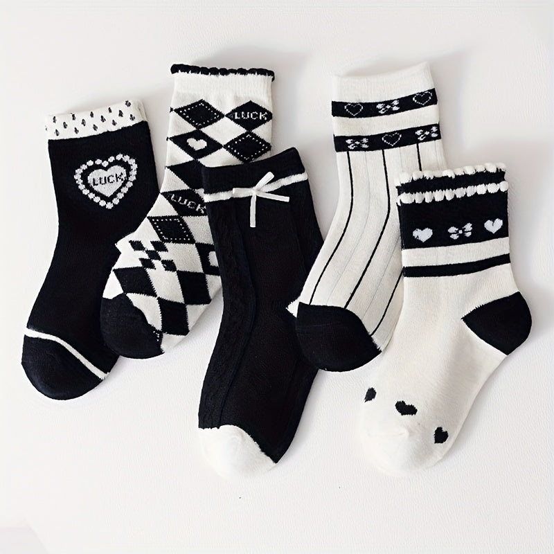5pairs Girls Kids Heart Pattern Crew Socks for Children