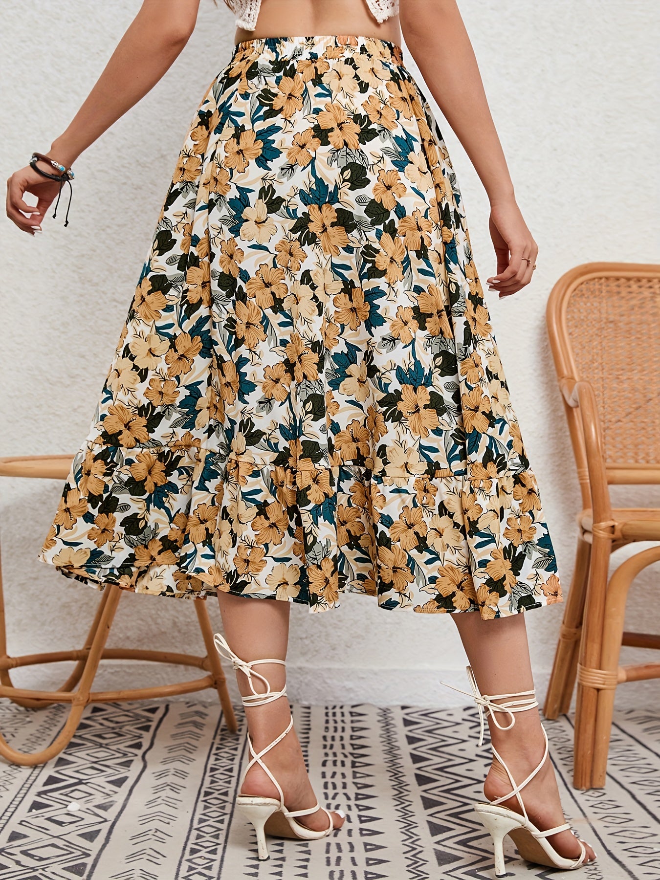 Floral Print Elastic Waist Skirt for Spring & Summer