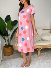 Polka Dot Nightdress Short Sleeve Crew Neck Sleepwear