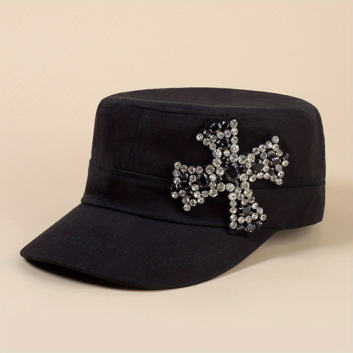 Rhinestone Cross Patch Baseball Cap Y2K Flat Hat Hip Hop Newsboy Hat
