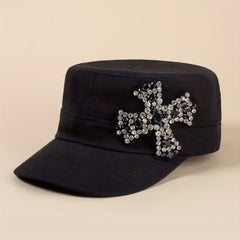 Rhinestone Cross Patch Baseball Cap Y2K Flat Hat Hip Hop Newsboy Hat
