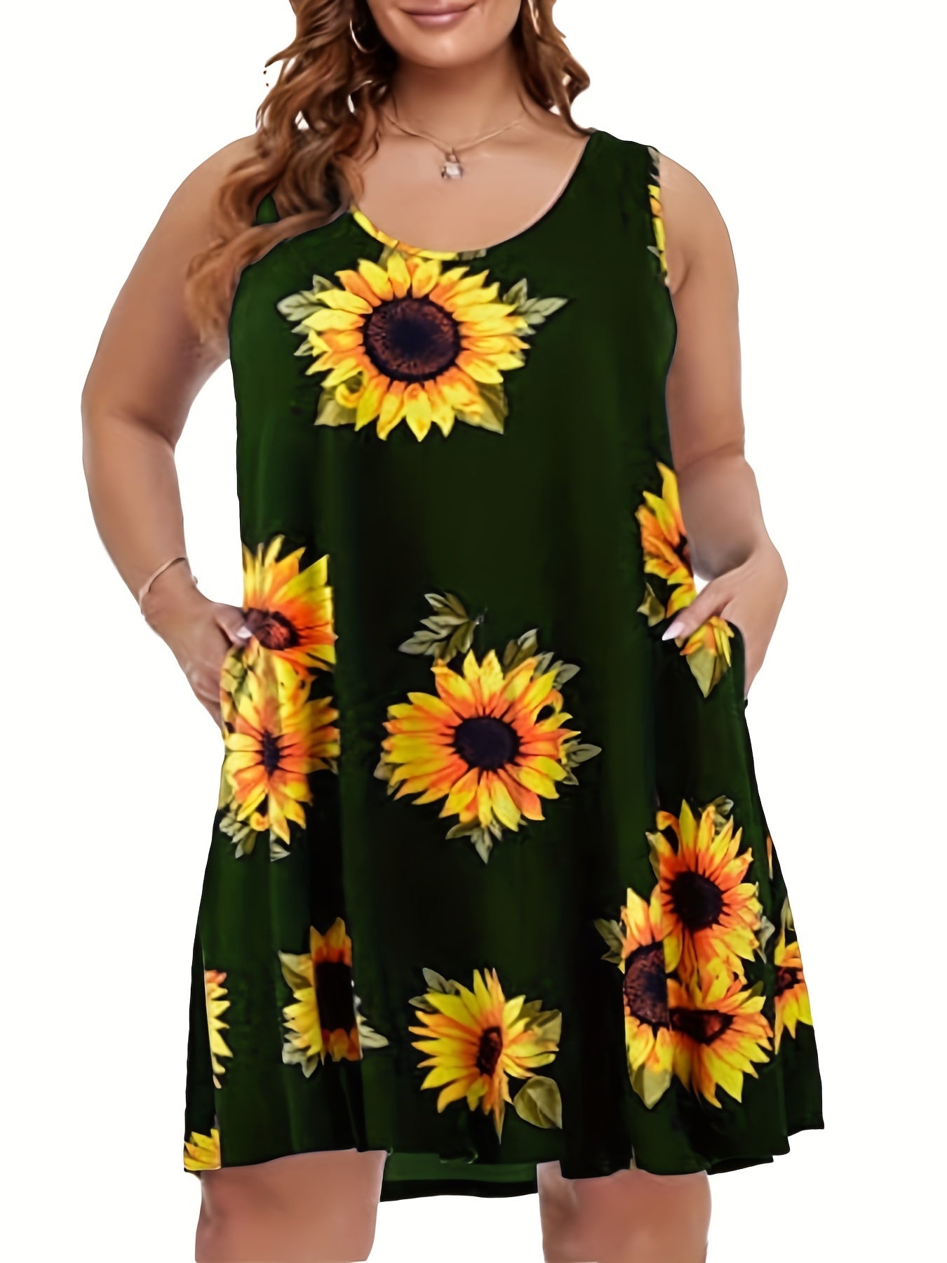 Sunflower Print Tank Dress With Pockets