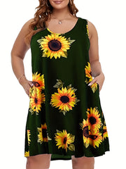 Sunflower Print Tank Dress With Pockets