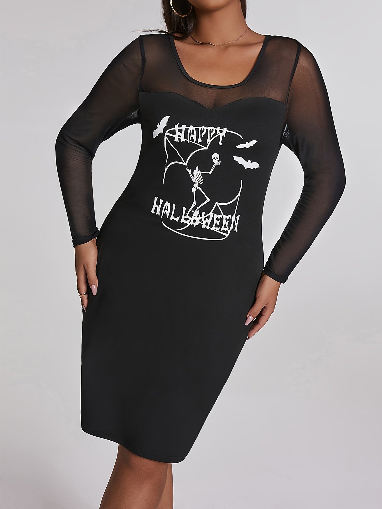 Halloween Party Dress Women's Plus Skull & Bat Print Mesh Dress