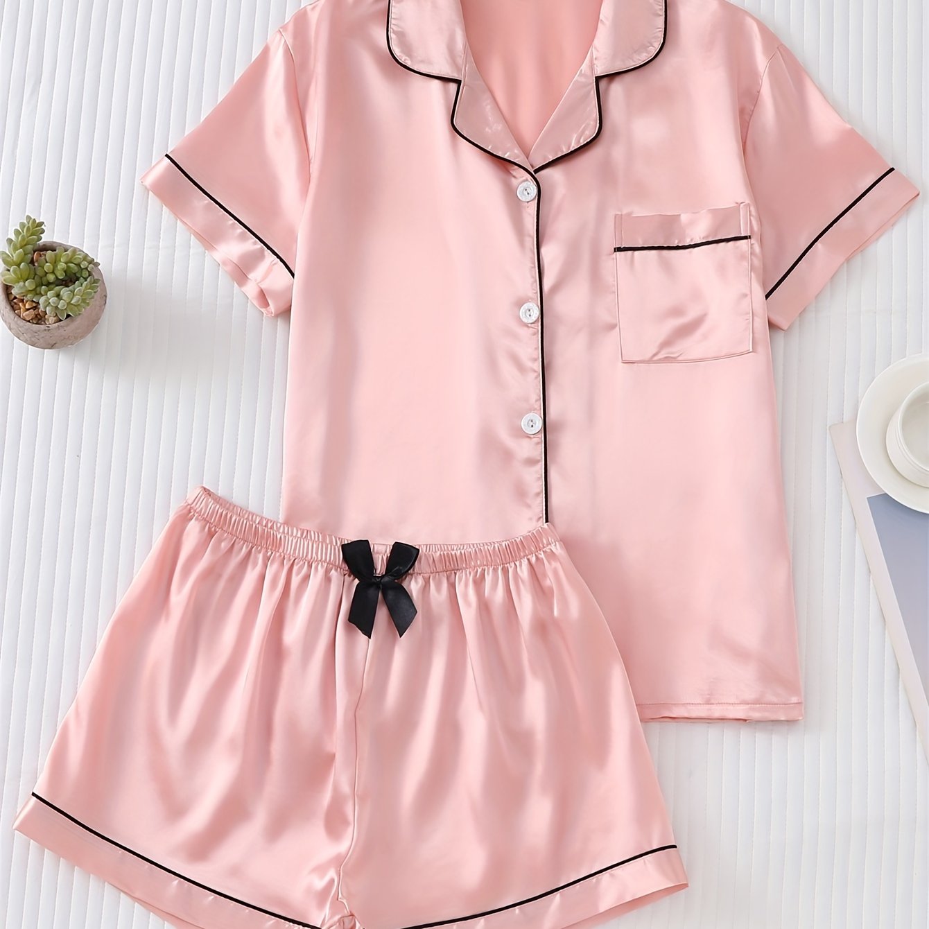 Solid Satin Pajamas Set Short Sleeve Buttons Top & Bow Shorts