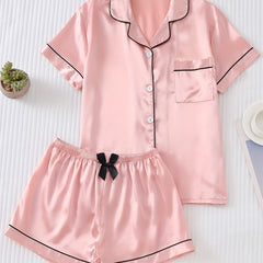 Solid Satin Pajamas Set Short Sleeve Buttons Top & Bow Shorts