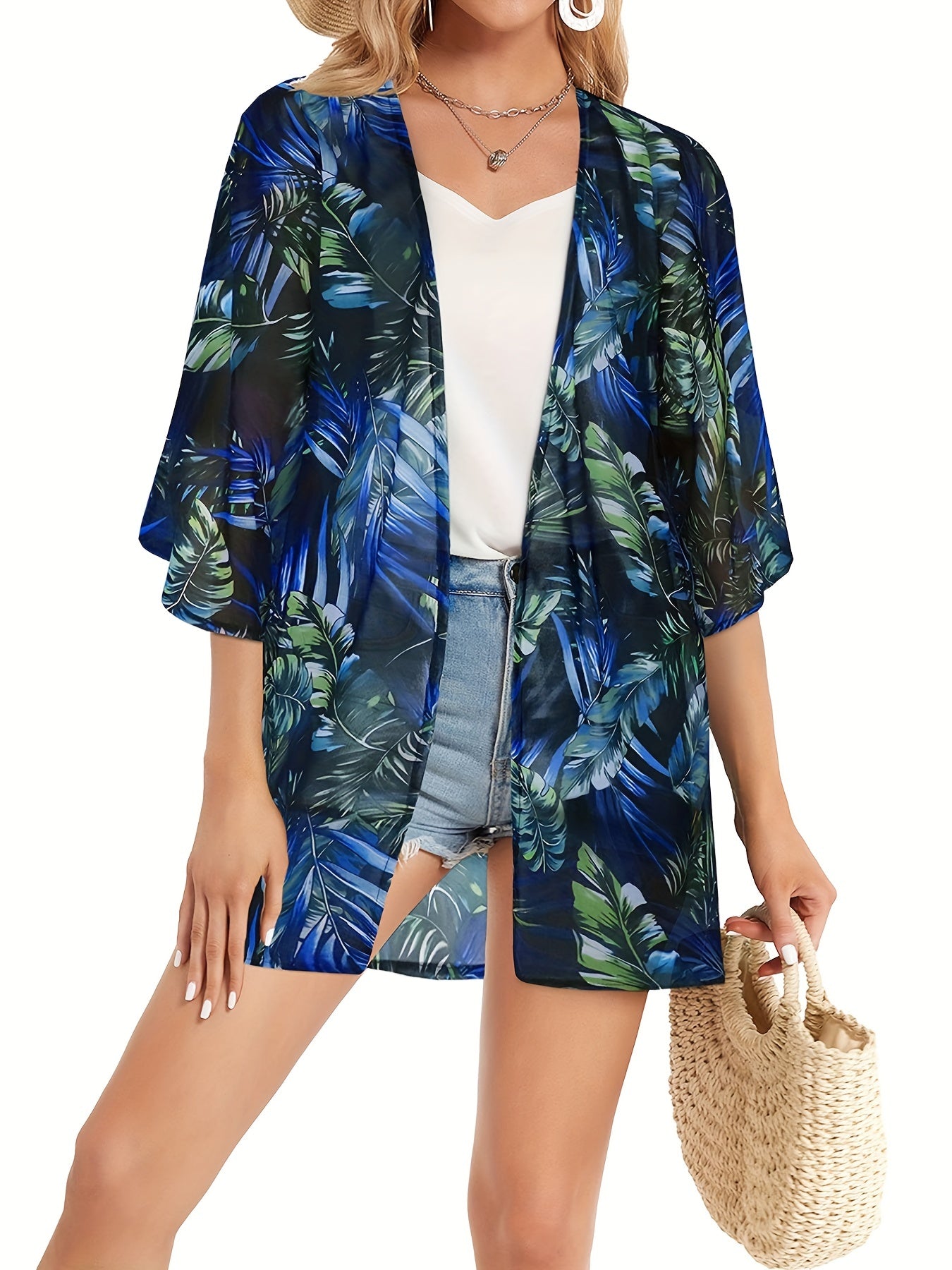 Leaf Print Cover Up Shirt V Neck Half Sleeves Beachwear Cardigan