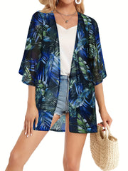 Leaf Print Cover Up Shirt V Neck Half Sleeves Beachwear Cardigan