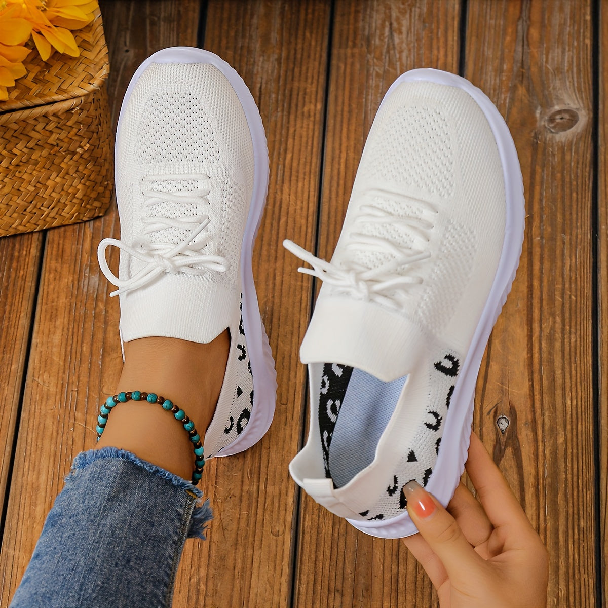 Leopard Lace-up Sneakers Mesh Sport Running Shoes