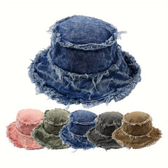 Vintage Denim Bucket Hat Wide Brim Sun Cap