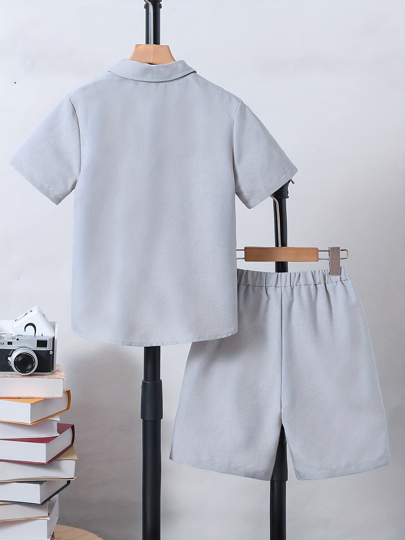 Boy's 2pcs Shirt & Drawstring Shorts Set Solid Casual Outfits Kids Clothes