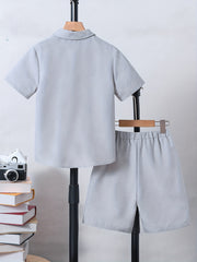 Boy's 2pcs Shirt & Drawstring Shorts Set Solid Casual Outfits Kids Clothes