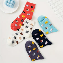 5 Pairs Cat Print Socks - Comfy & Breathable Women's Mid Tube Stockings