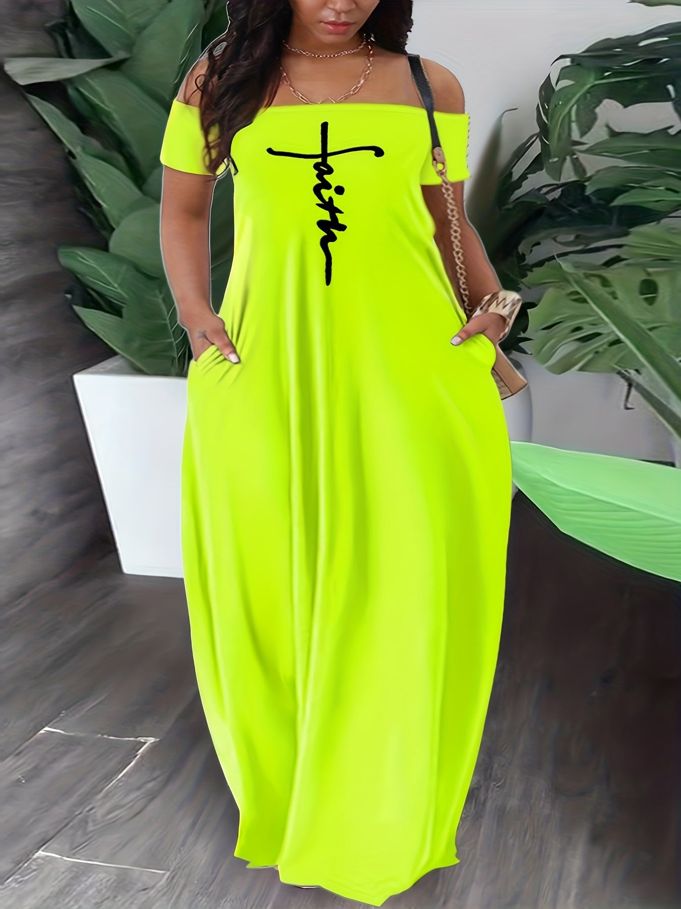Women's Plus Cross Letter Print Off Shoulder Maxi Dress