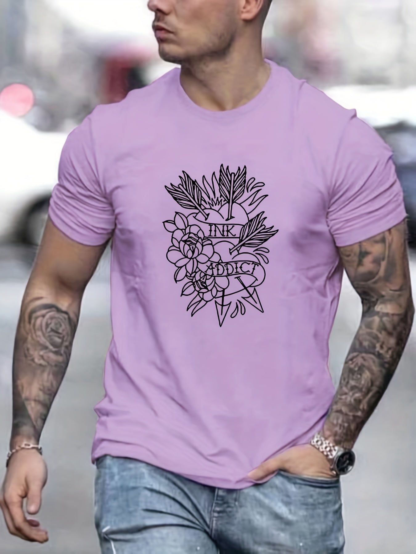 Men's Heart & Rose Graphic T shirt Casual Tee Summer Outdoor