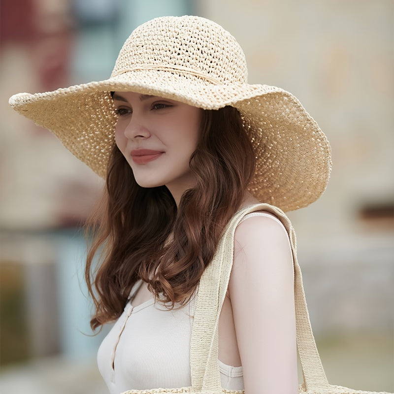 Khaki Wide Brim Sun Hat Oversized Crochet Straw Beach Travel Cap